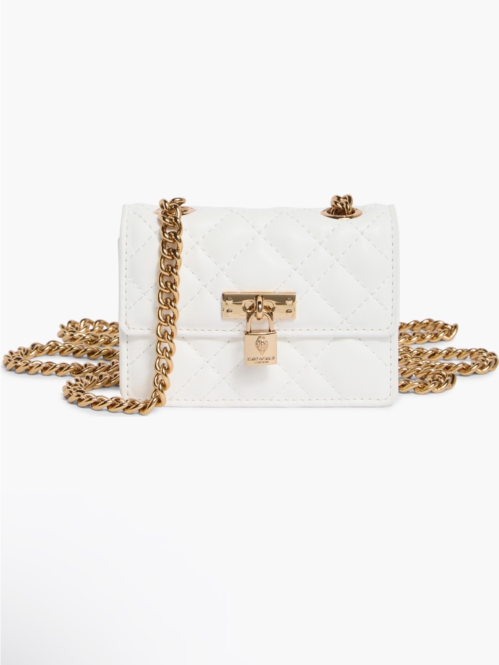 Kurt Geiger Micro Kensington Lock Quilted Leather White Gold Chain Bag